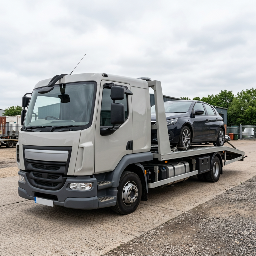 Neutral unbranded UK car transporter loaded with a saloon car